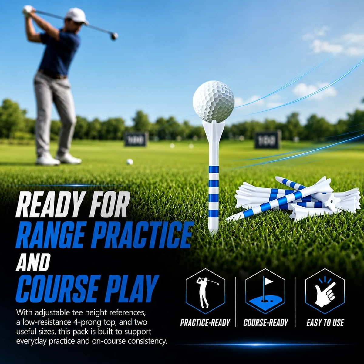 4-prong golf tees with blue-striped shafts, bundled white heads for practice