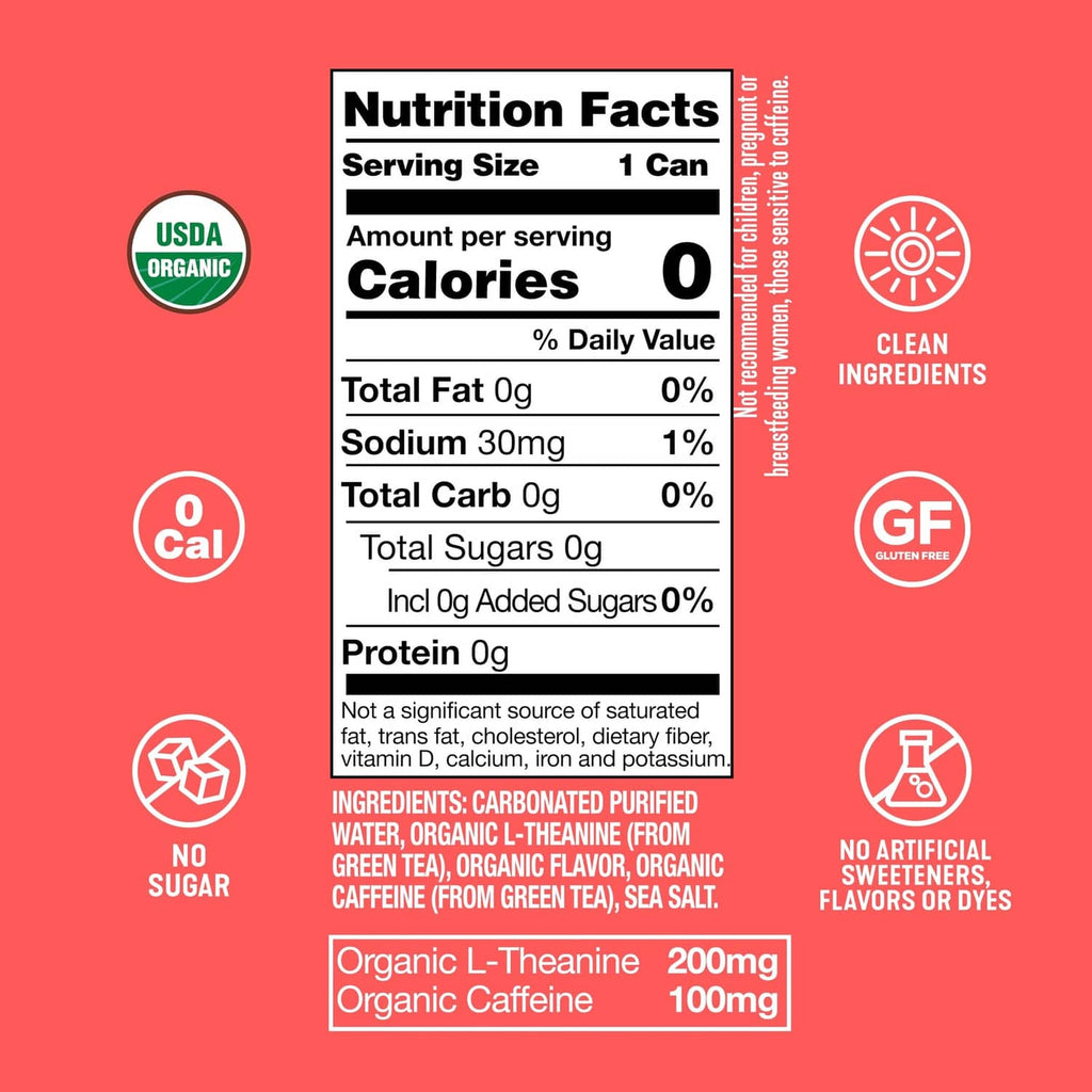 Nutrition Facts label for sparkling water energy drink, 0 calories per serving