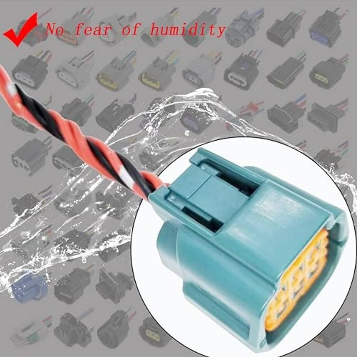 Teal connector plug with red/black wires; front face and pin sockets visible