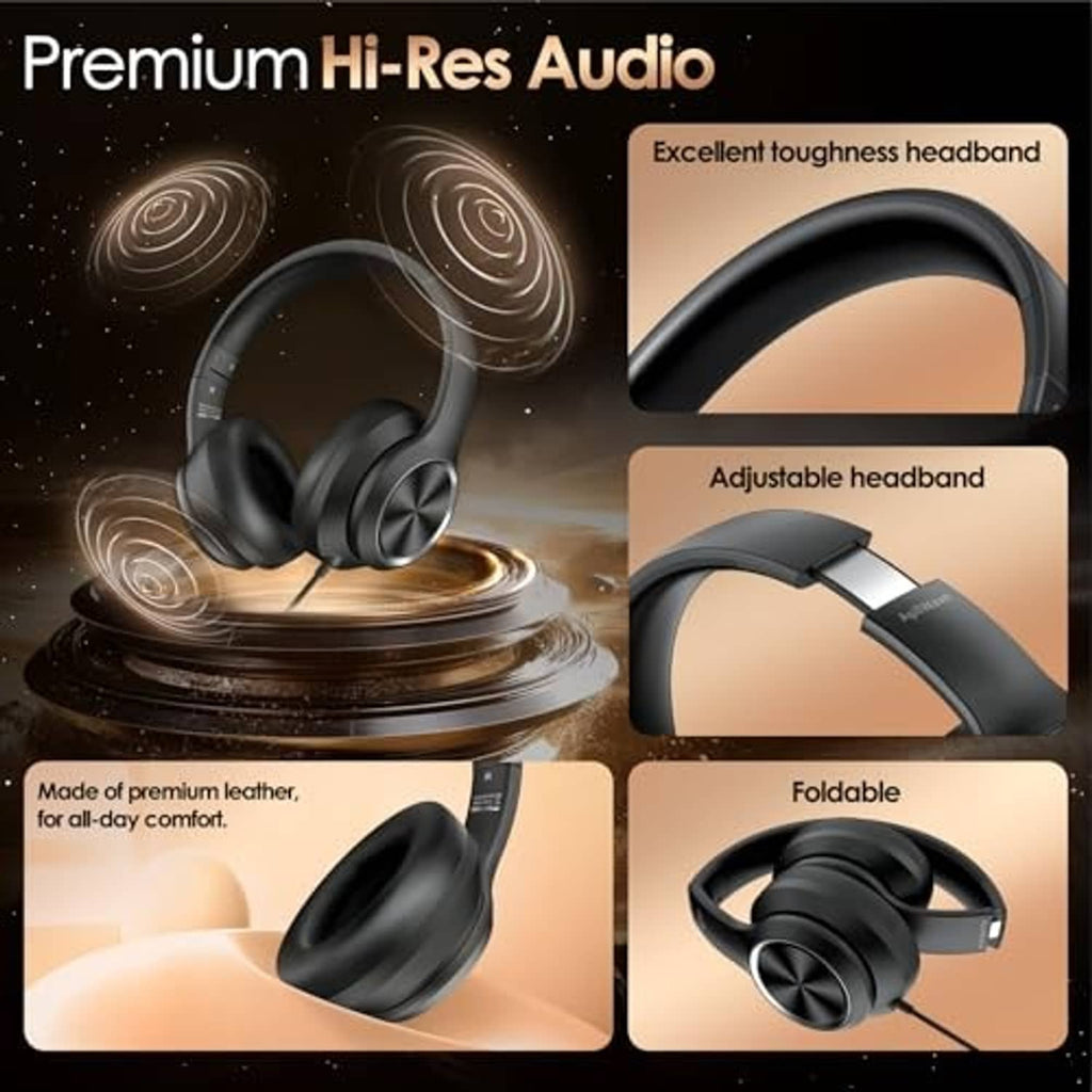 Black foldable over-ear headphones with cushioned earcups and adjustable headband