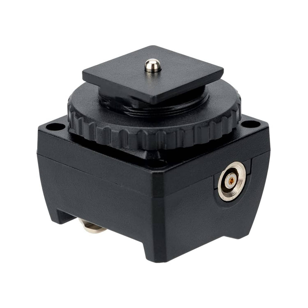 Black hot shoe adapter with top shoe mount and side sync output port