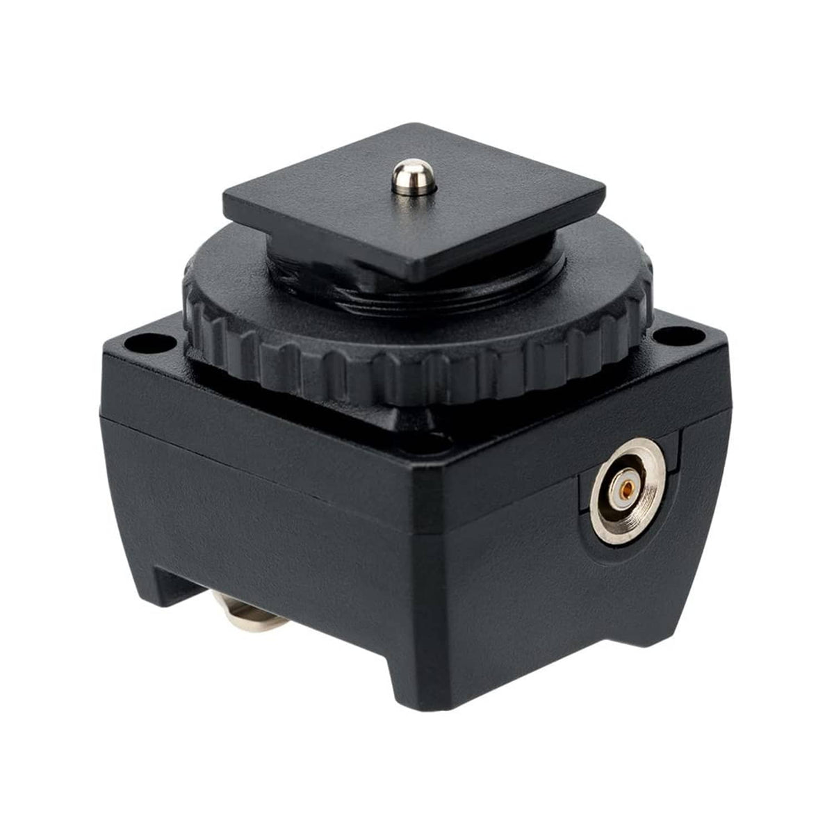 Black hot shoe adapter with top shoe mount and side sync output port