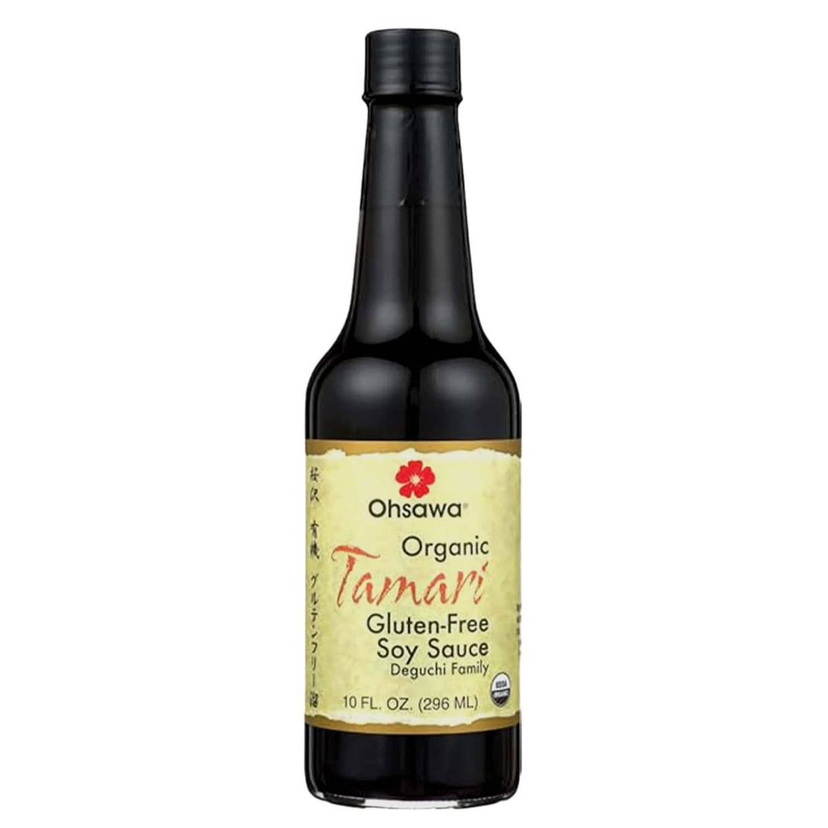 Organic tamari sauce bottle, black glass and tan gluten-free label