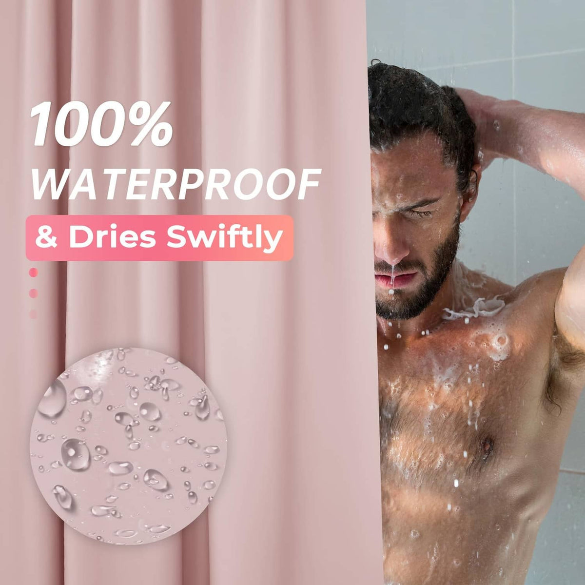 Light pink waterproof shower curtain with water droplets on the surface