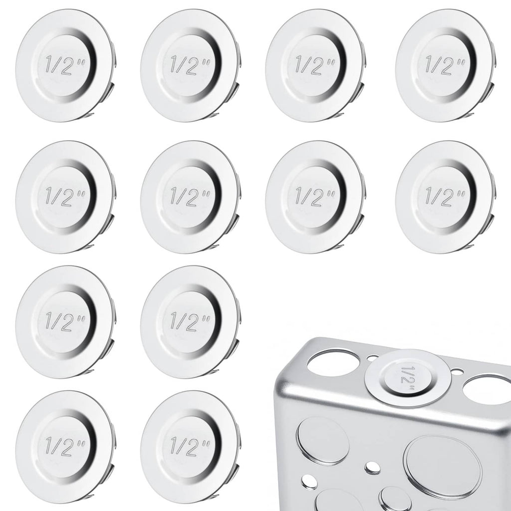 1/2-inch silver electrical box knockout seal plugs, round cap style, set of 12