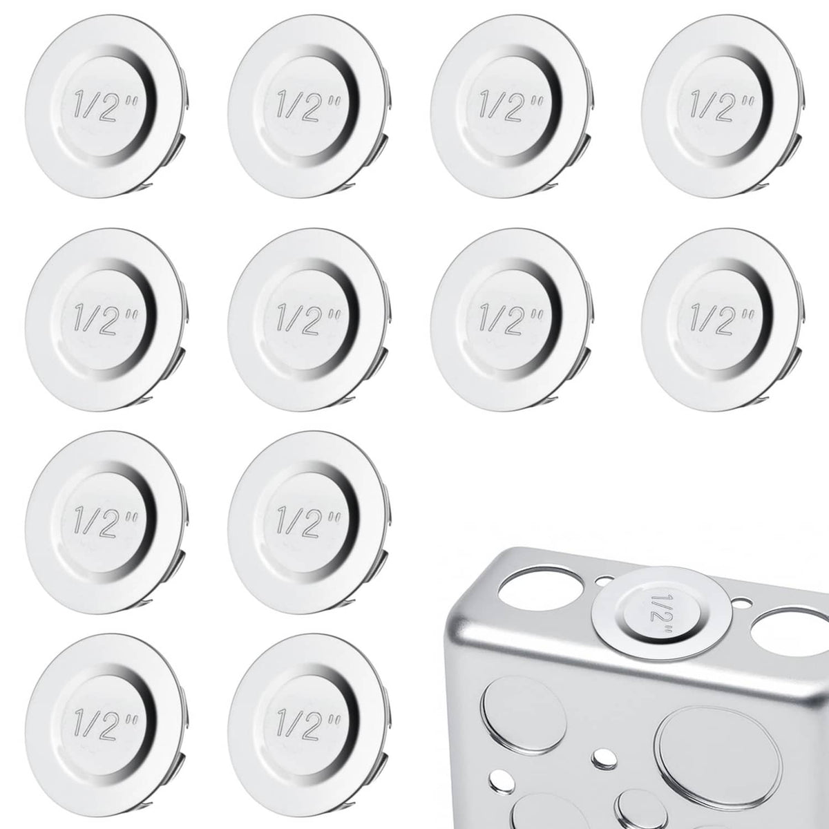 1/2-inch silver electrical box knockout seal plugs, round cap style, set of 12