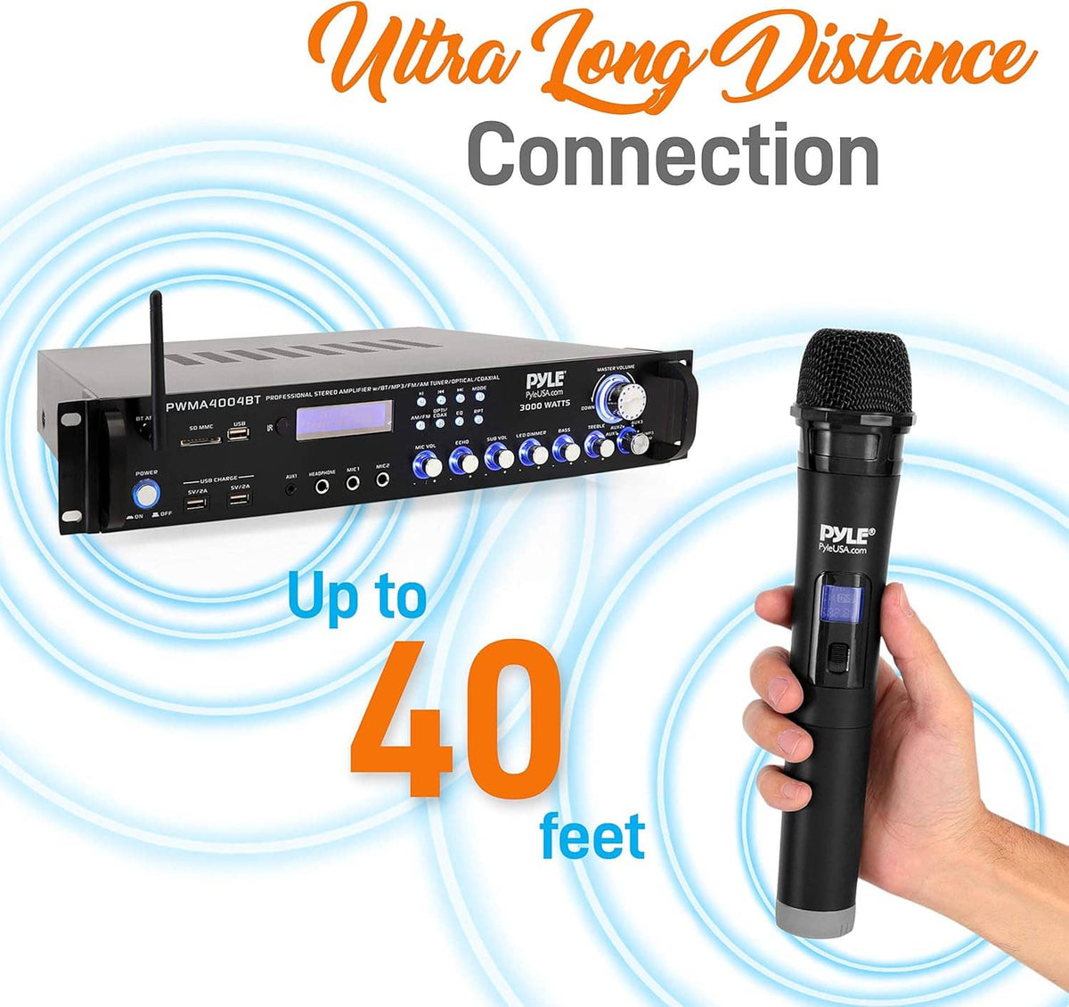 Hybrid pre-amplifier with handheld wireless microphone for long-range wireless connection