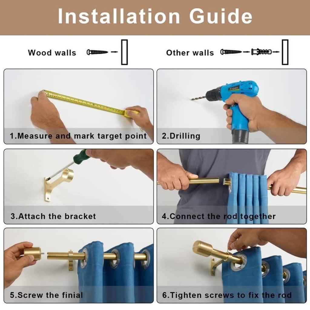 Gold curtain rod installation steps with drill, screws, and attached brackets