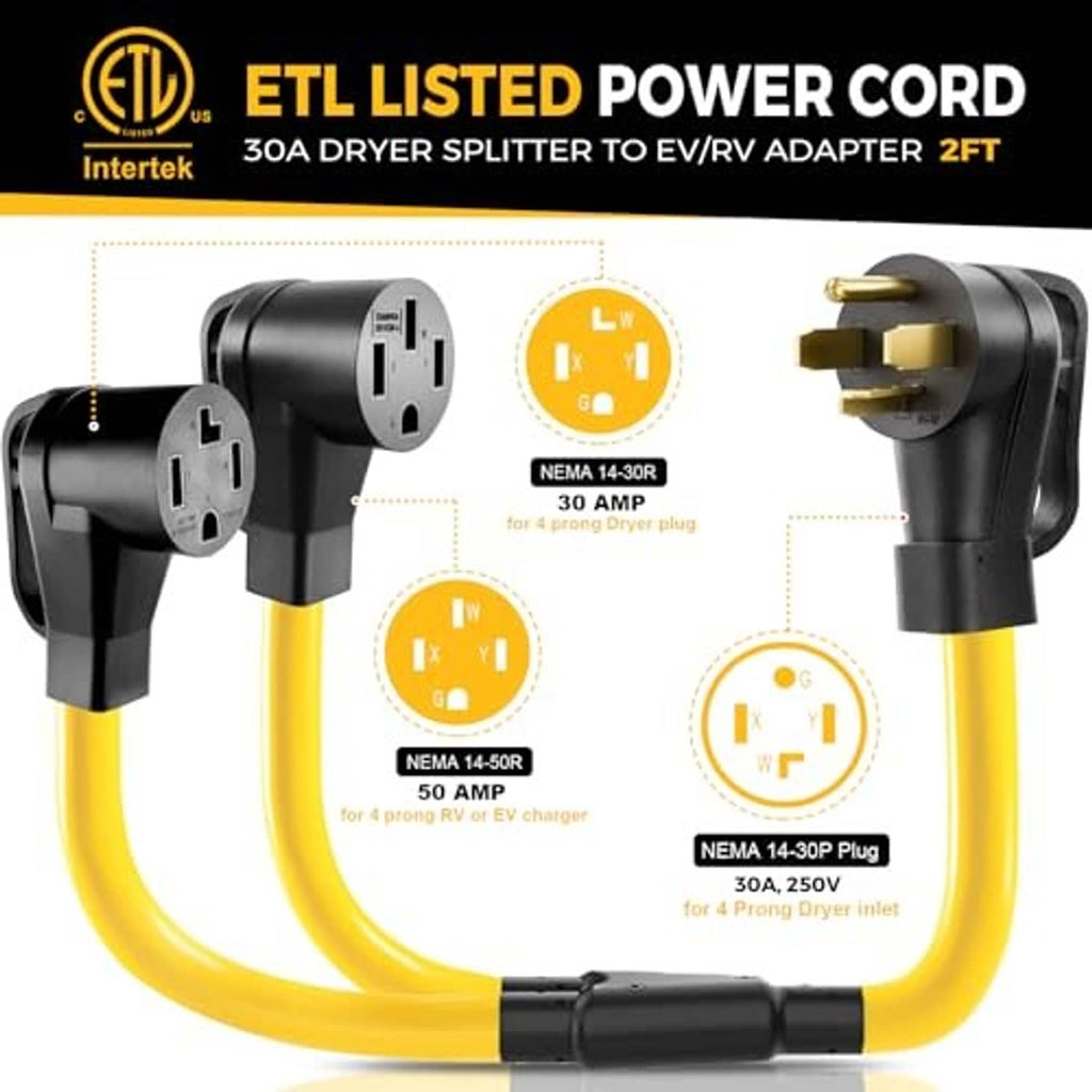 ETL listed 2 ft NEMA EV/dryer splitter adapter cord with two plug ends, yellow cable