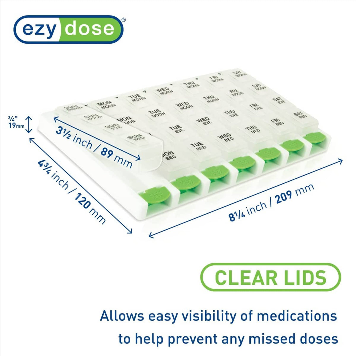7-day pill organizer with clear lids and green push-button daily compartments