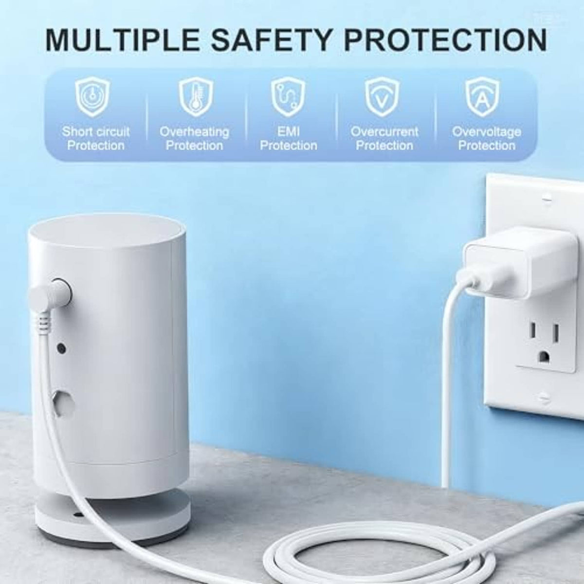 Indoor spotlight cam with charging cable and multi-safety power adapter