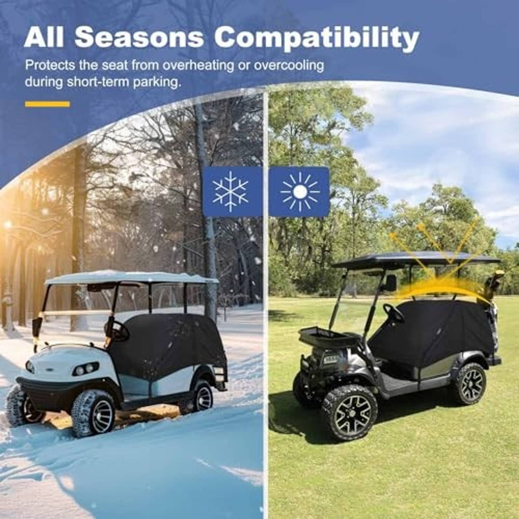 Black golf cart seat cover shown on a cart with side-by-side layout
