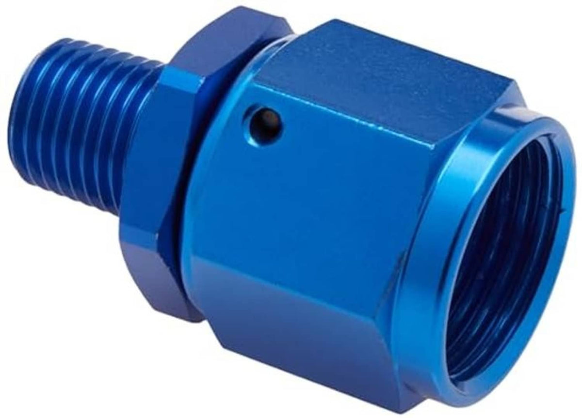 Blue aluminum flare reducer fitting, hex ends and top hole; threaded ports for NPT connection