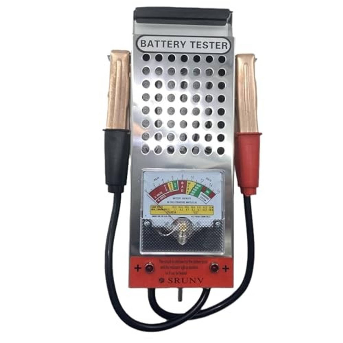 Battery tester with perforated metal panel and analog meter display