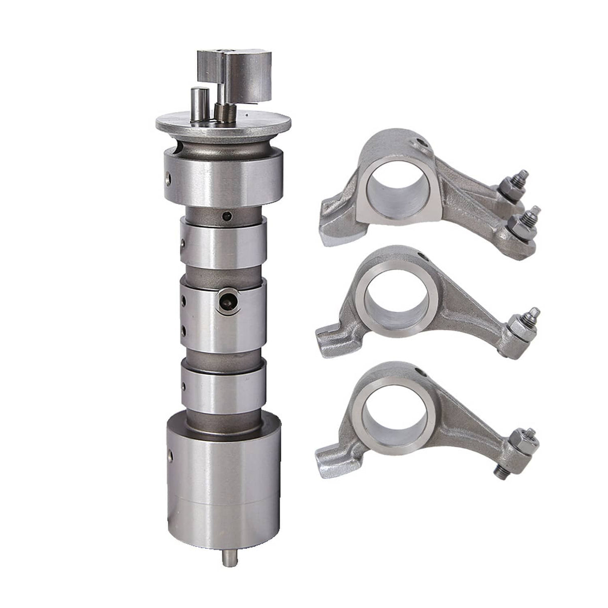 Engine rocker arm assembly with camshaft cylinder and metal valve components