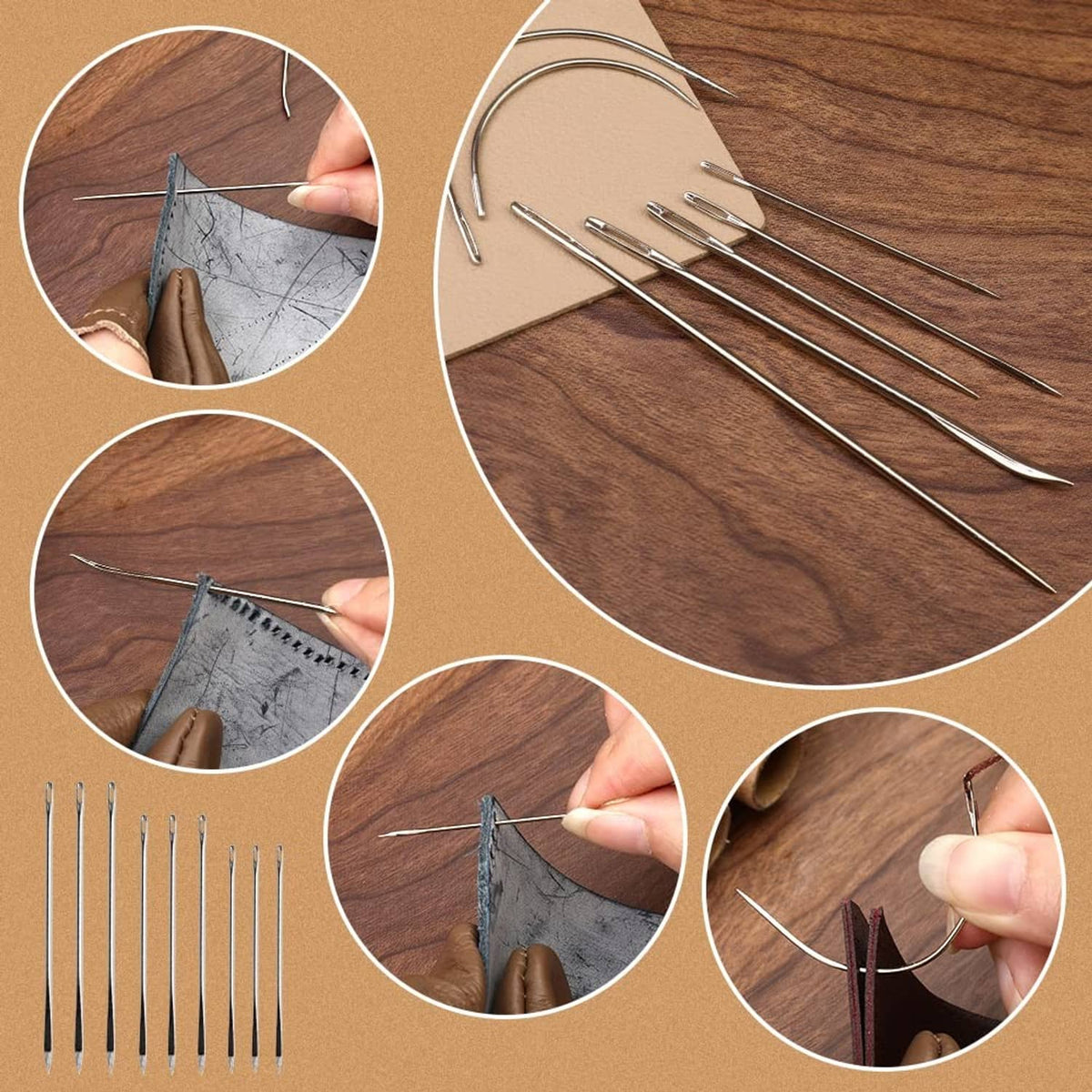 Leather sewing setup with needles threaded and pulled through a small hide piece