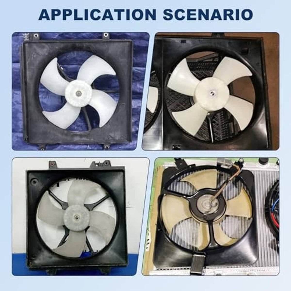 AC condenser cooling fan assembly shown in multiple angles with black shroud and white fan