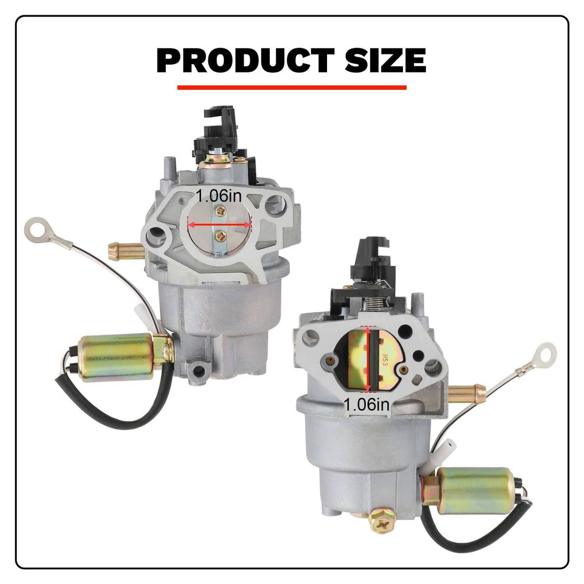 Carburetor assembly with two views and mounting hardware, shown with size measurements