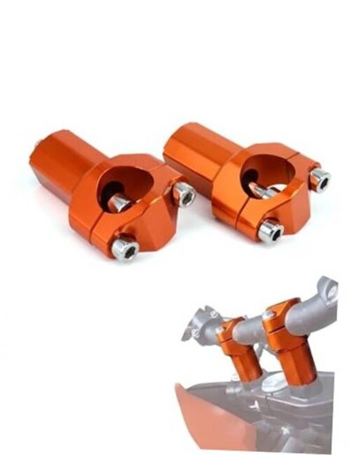 Orange motorcycle handlebar riser clamps with bolt hardware, two-piece bar mount set