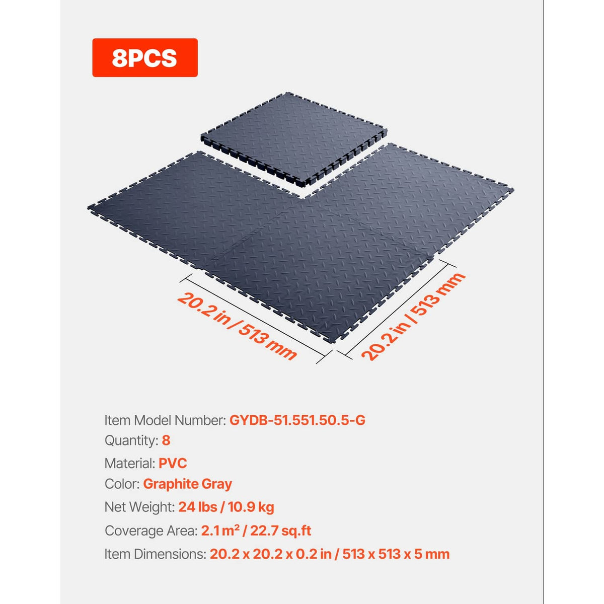 8-pack gray interlocking garage floor tiles shown stacked with connector tabs