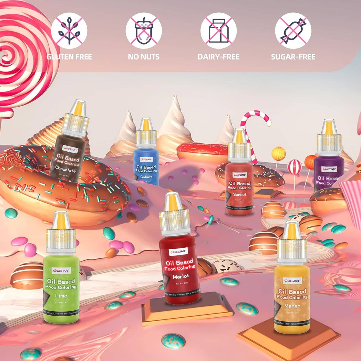 Oil-based food coloring set with capped droppers, near decorated candies and desserts