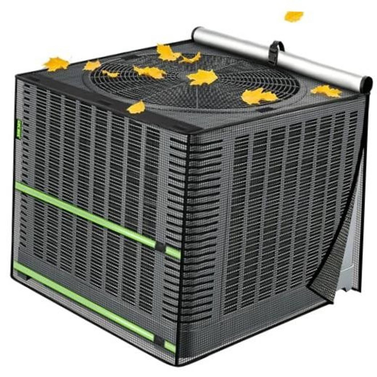 Black full mesh air conditioner cover with roll-up top and green trim stripe