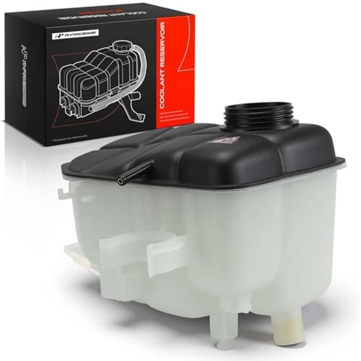 Engine coolant reservoir tank with black cap, translucent body, and front outlet pipe