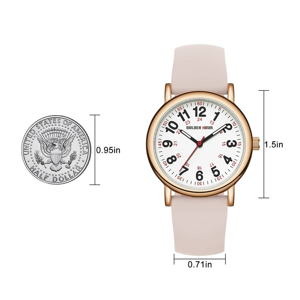 Rose gold nurse watch with white dial on blush silicone strap, front view