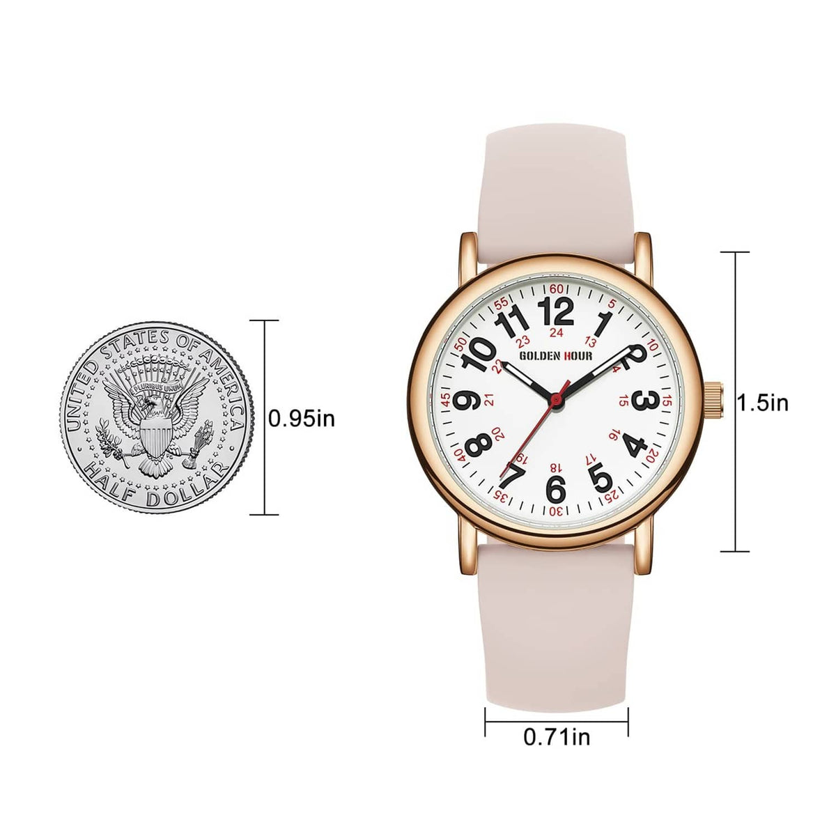 Rose gold nurse watch with white dial on blush silicone strap, front view