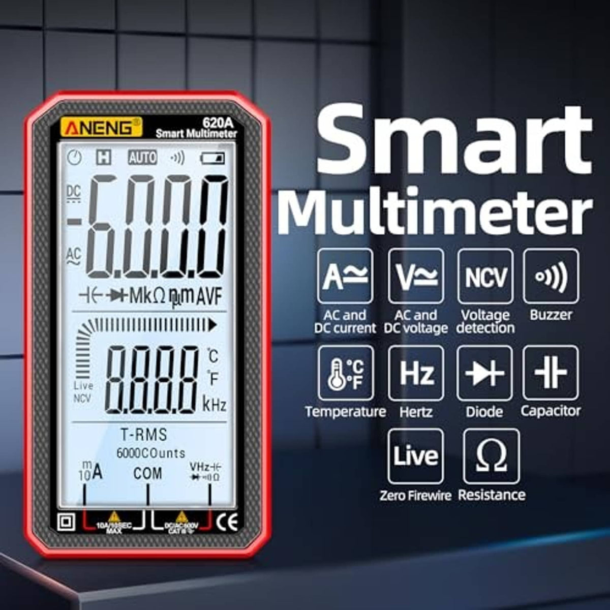 Red digital multimeter tester with large LCD display screen