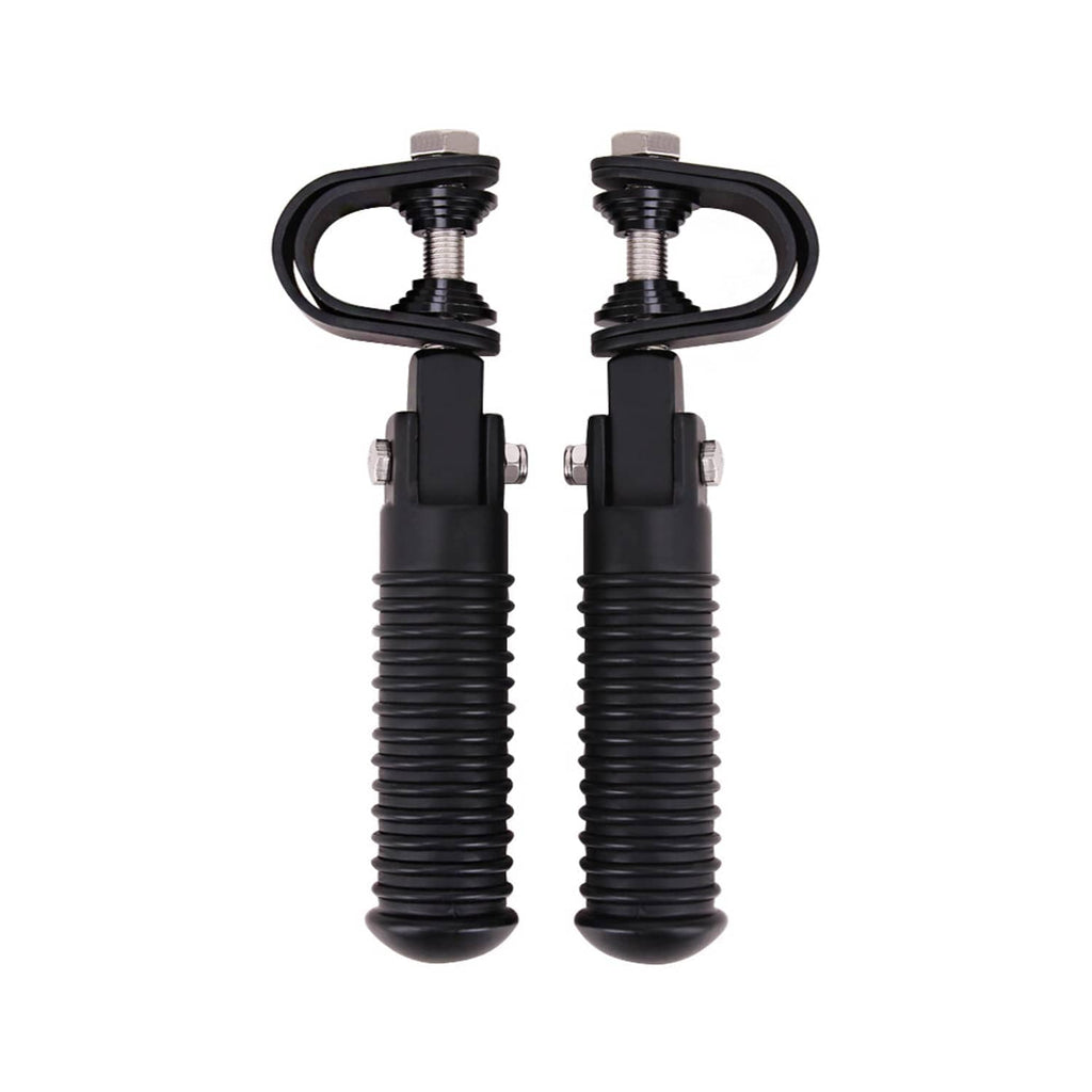 Pair of black crash foot pegs with U-bolt mounts and ribbed rubber springs