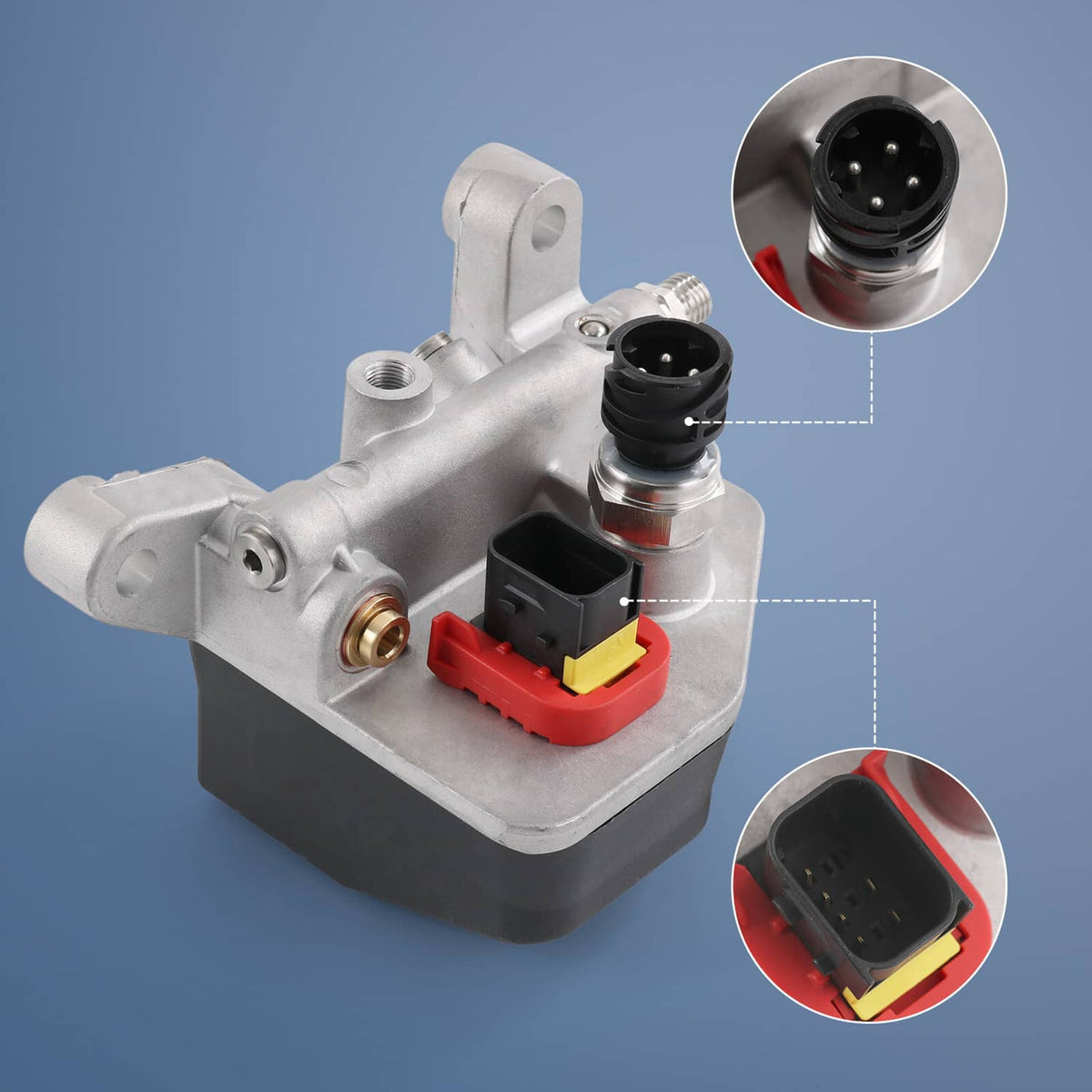 Hydrocarbon dosing module with two ports and red-and-yellow wiring connector