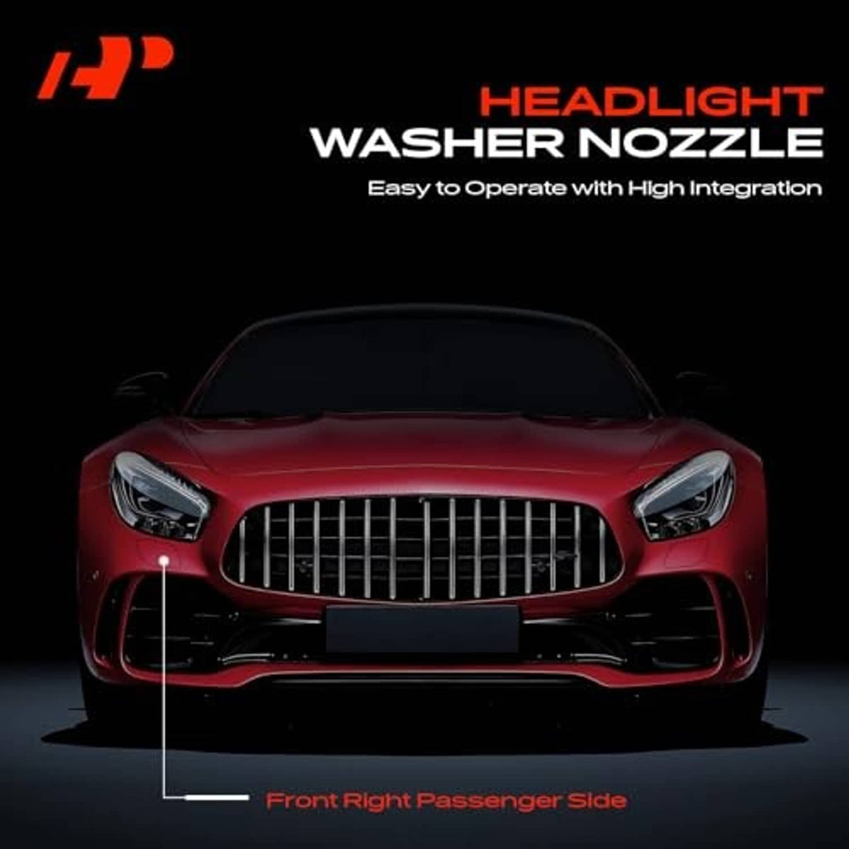 Front headlight washer nozzle application on a car, front right passenger side