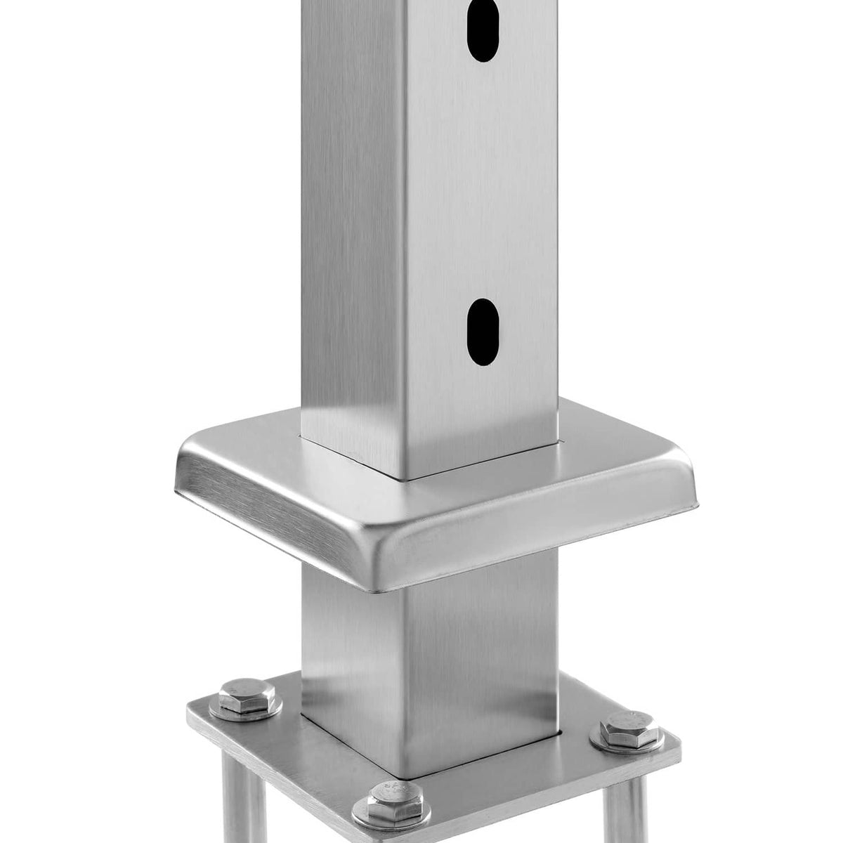 Close-up of stainless steel cable railing post base with mounting bolts and base plate