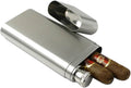 Stainless steel cigar case with hinged lid and 2 oz flask tube, holding cigars