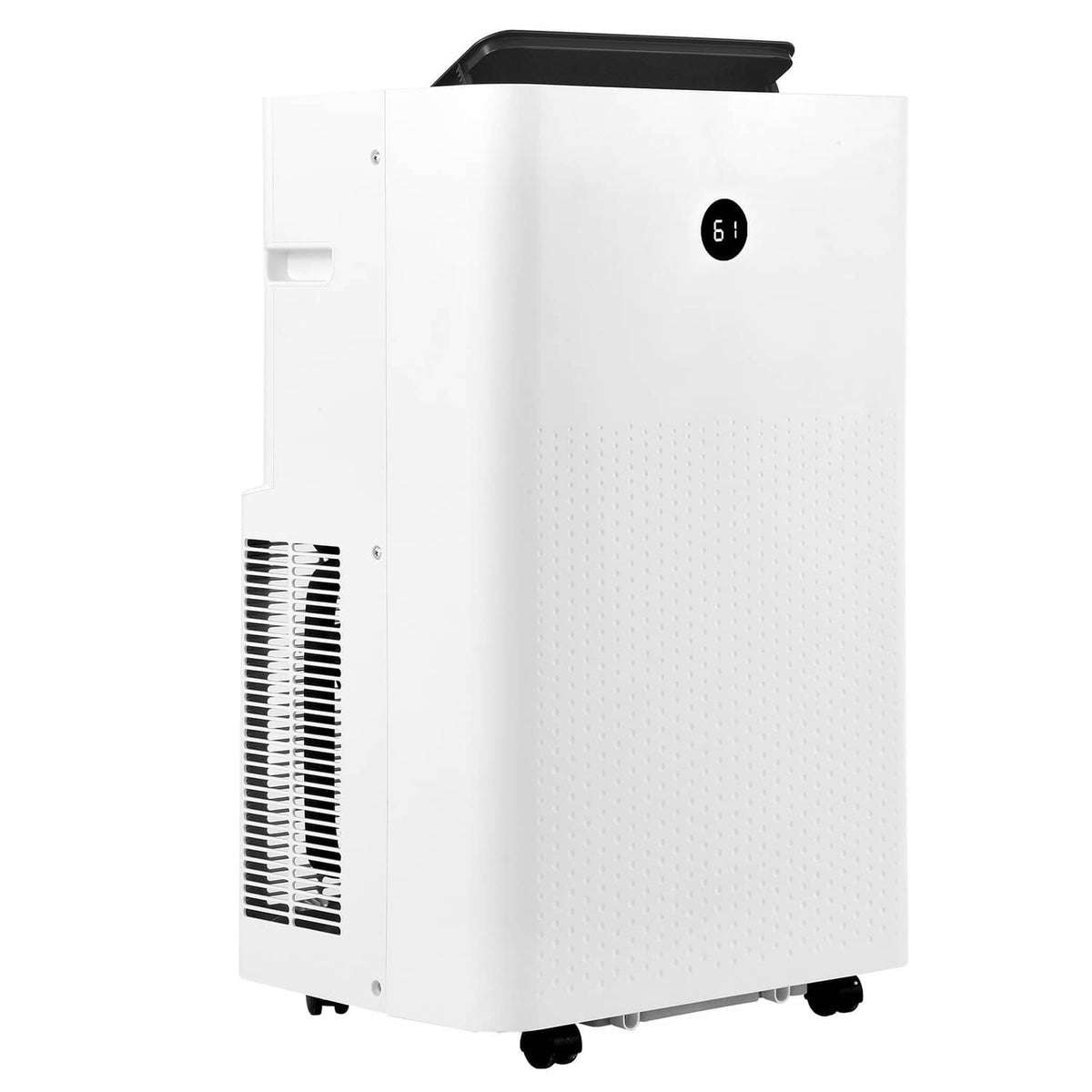 White portable air conditioner with side vents and caster wheels