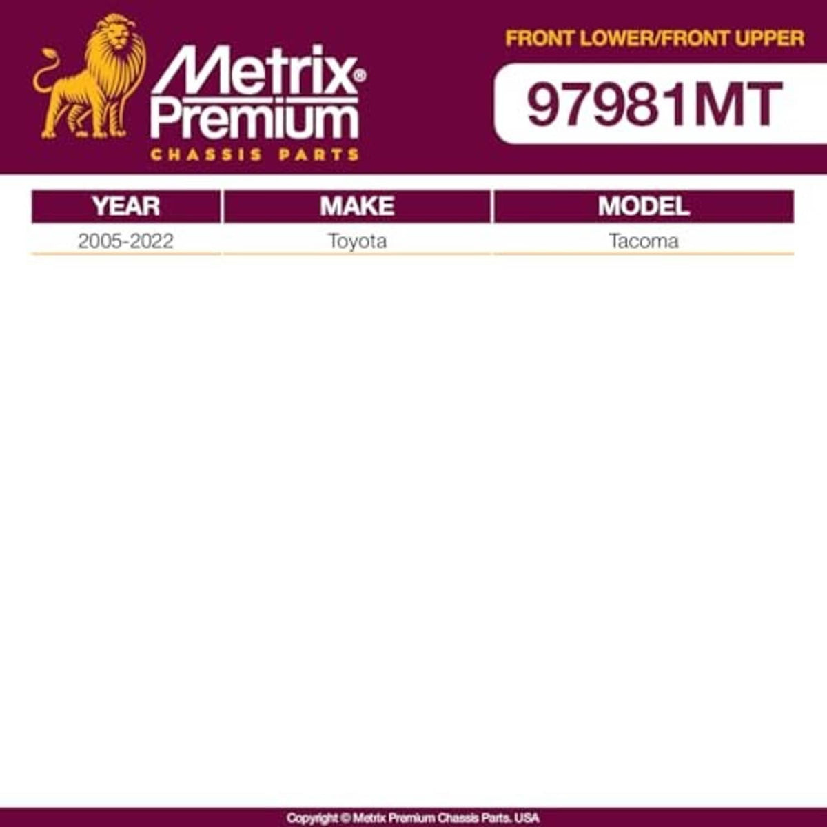 Metrix Premium ball joints compatibility graphic for Toyota Tacoma, 2005-2022, 97981MT
