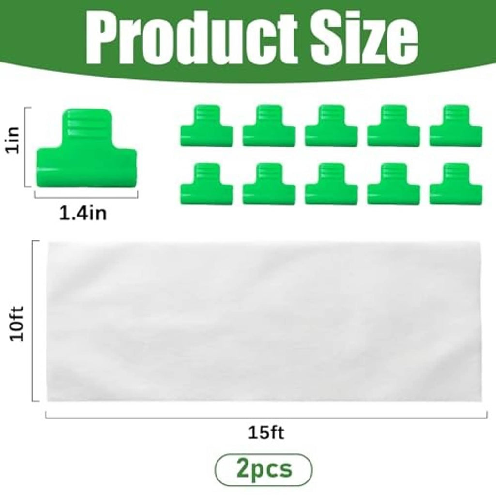 White non-woven plant shade cloth panel layout with green clips, 2 pcs size shown.