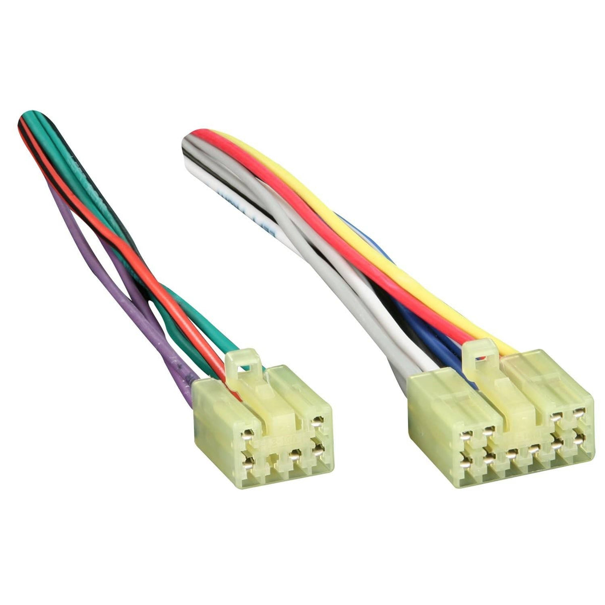 Vehicle speaker harness connector cable with multicolor wires and 2 plug ends