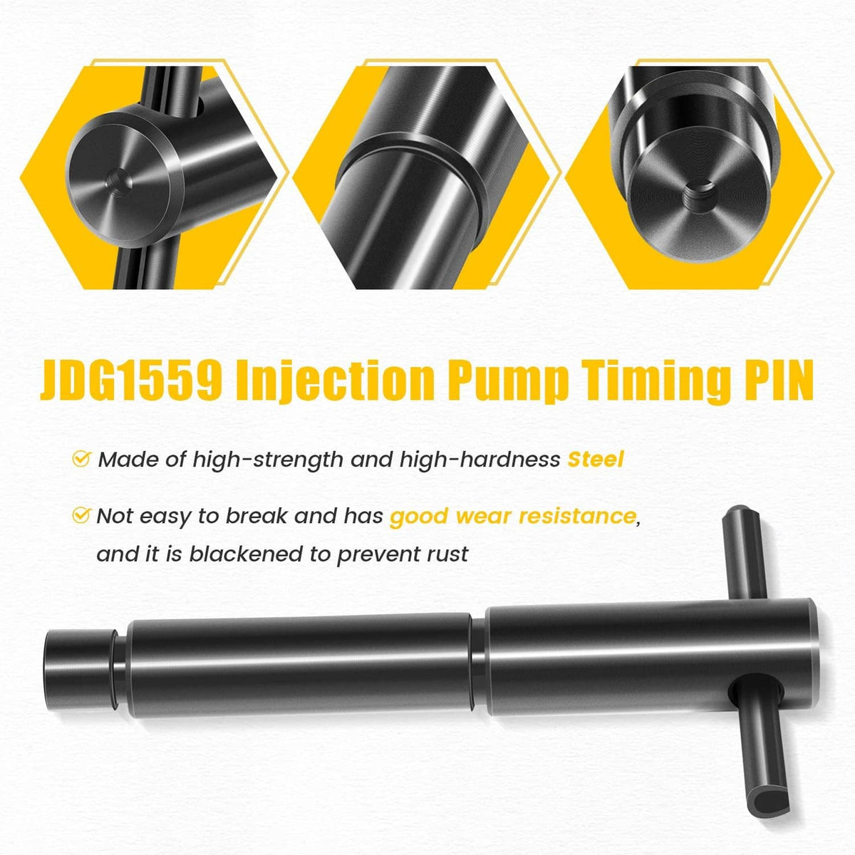 Black steel injection pump timing pin with side handle and central groove