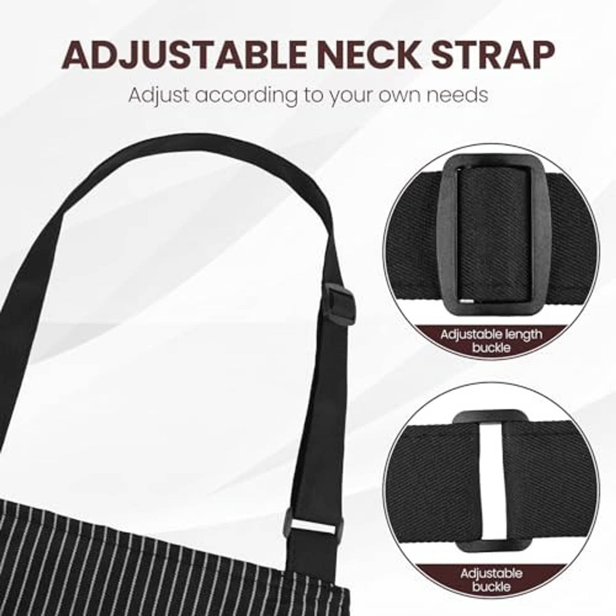 Adjustable neck strap on black pinstripe bib apron with buckle closure