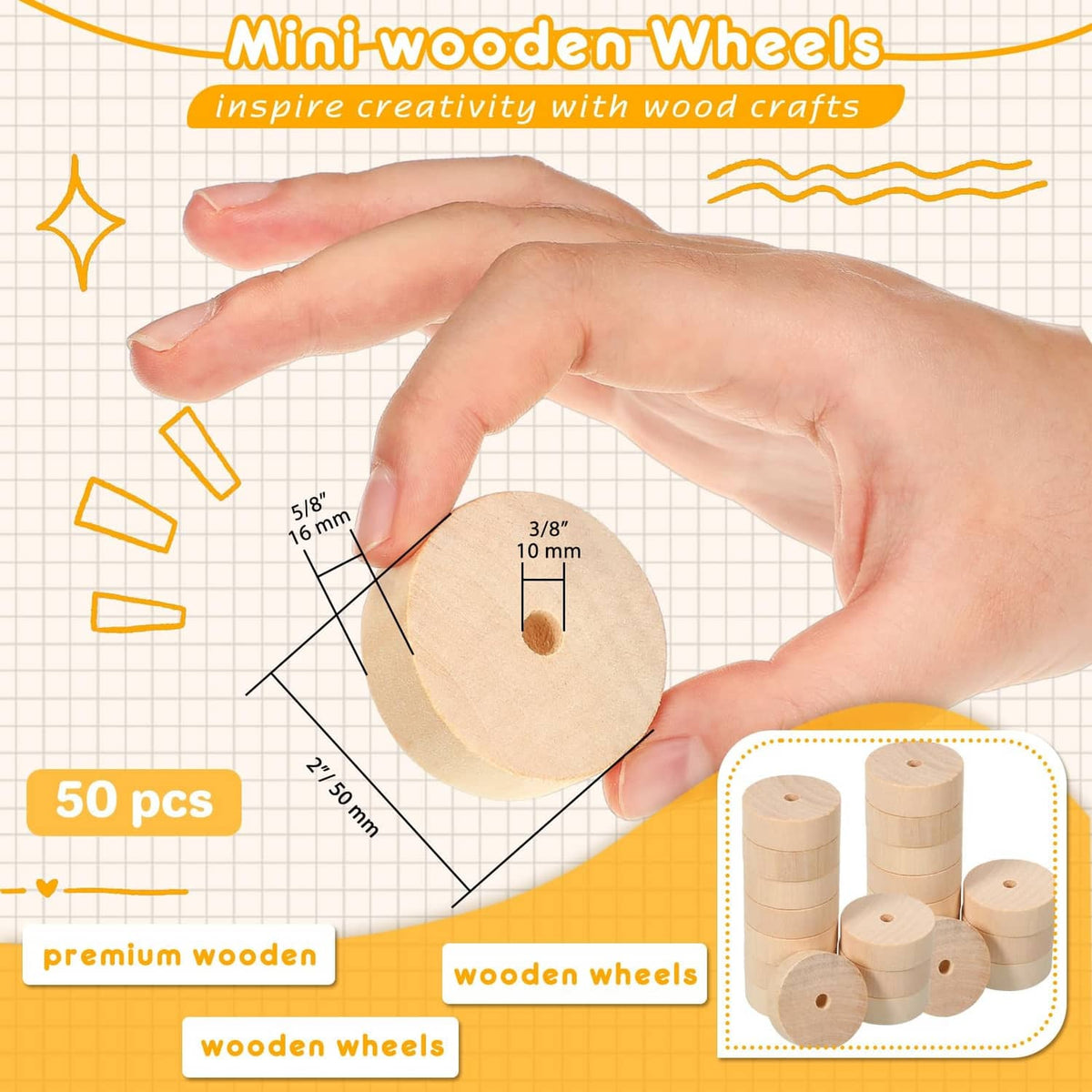 Mini round wooden wheels with center holes in a hand, for crafting and assembly