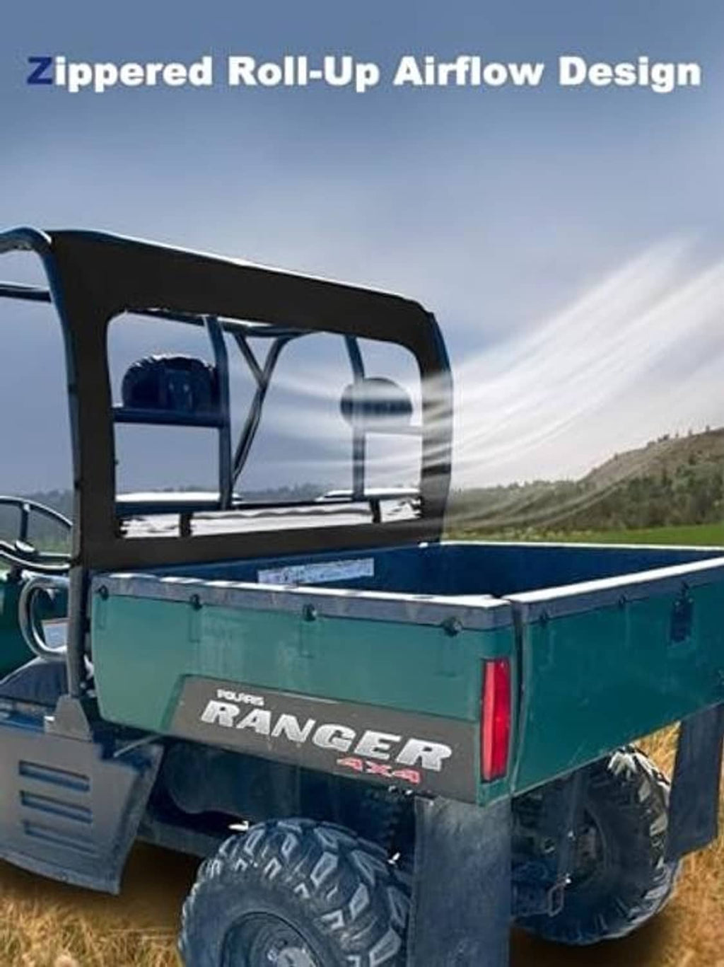 Zippered roll-up soft UTV windshield with clear window panels and black frame