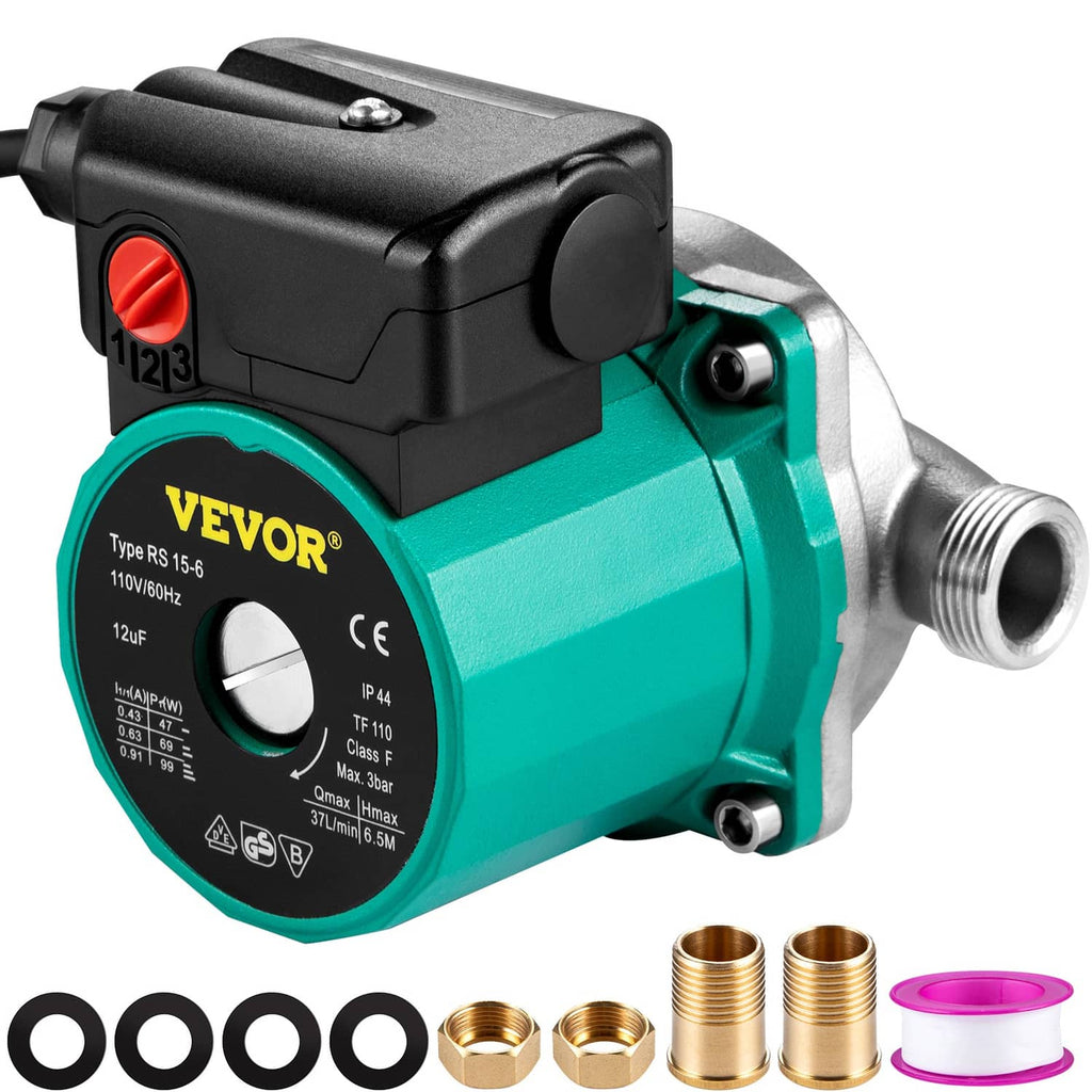 VEVOR hot water circulation pump with black motor housing and teal body, NPT ports
