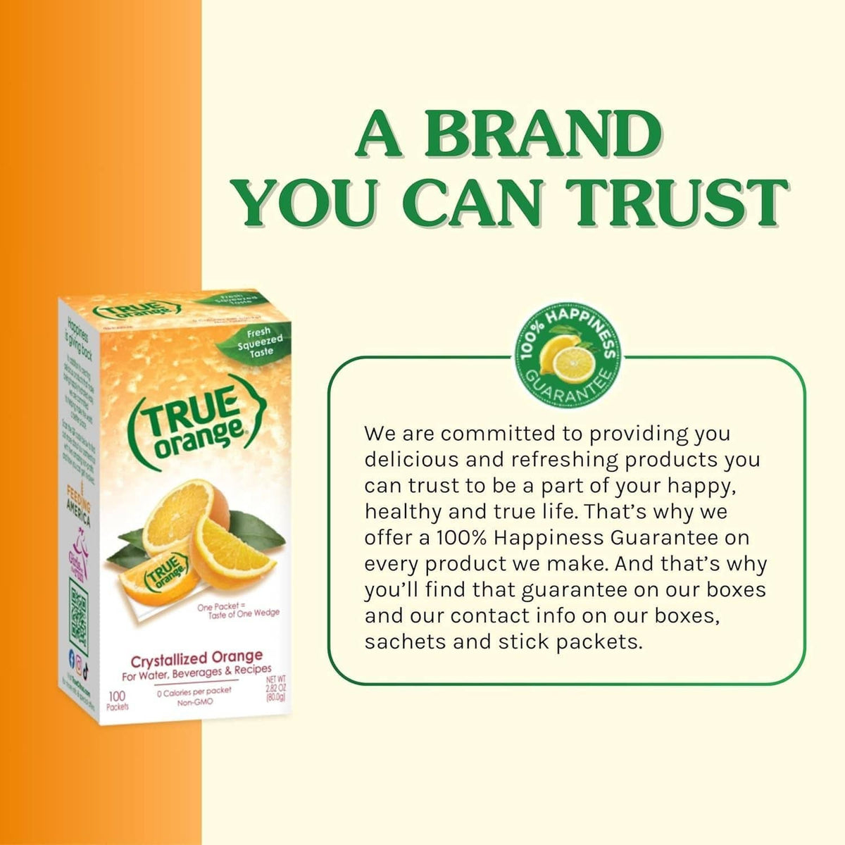 True Orange water enhancer box with brand trust and happiness guarantee text