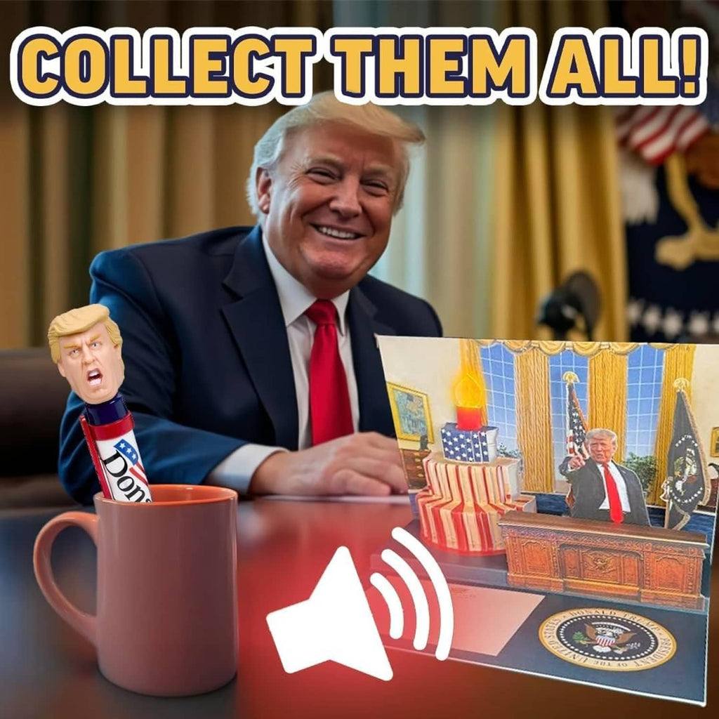Talking novelty pen with blond caricature head on desk beside mug, red base