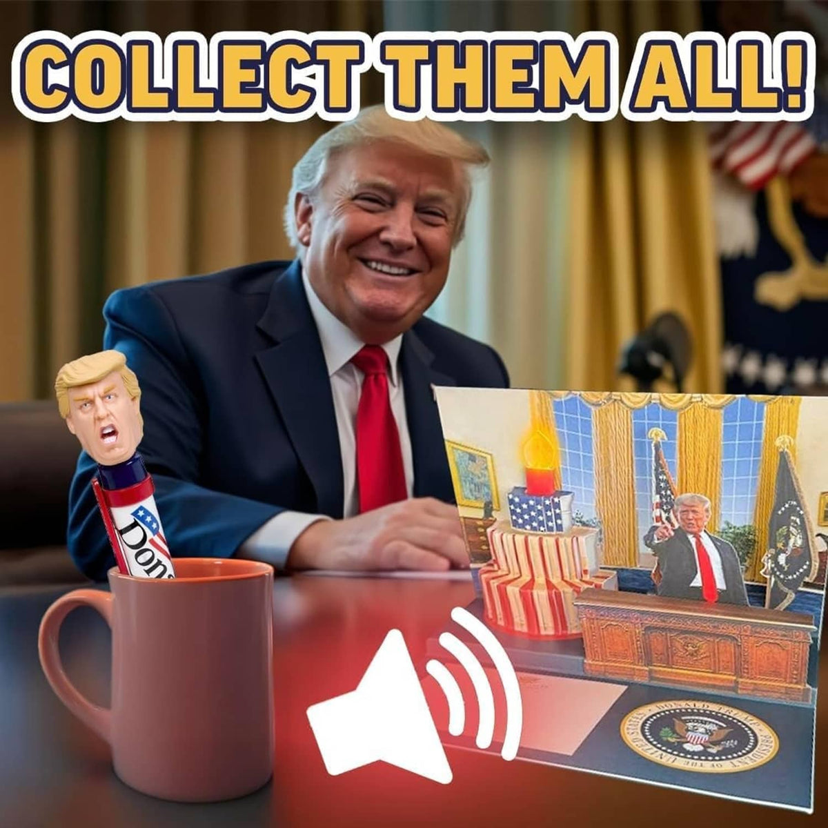 Talking novelty pen with blond caricature head on desk beside mug, red base