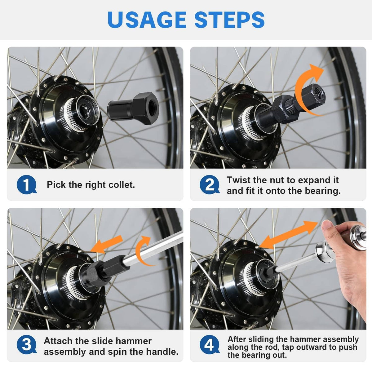 Slide hammer collet puller applying to a motorcycle wheel hub near the brake rotor