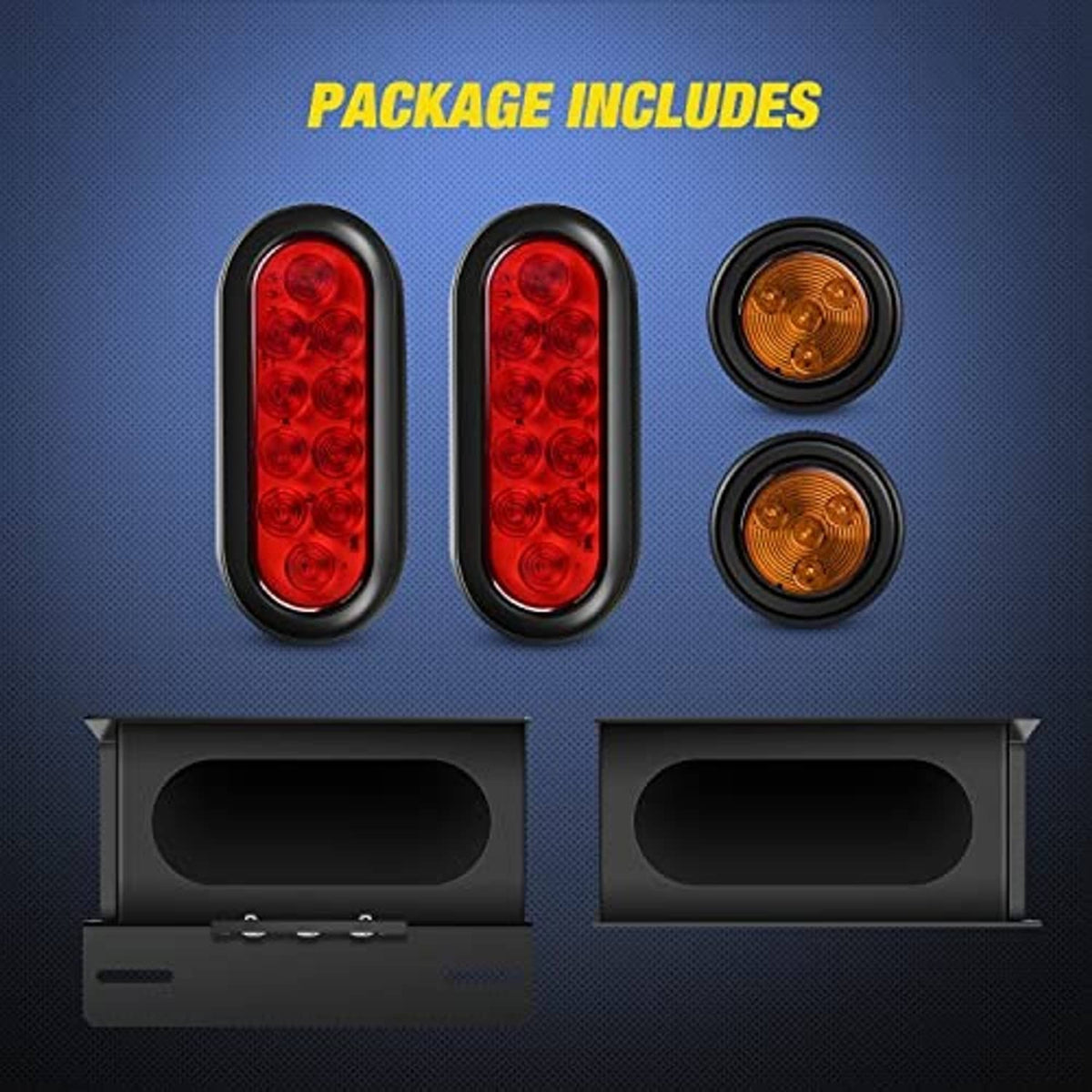 Set of two red oval tail lights and two amber marker lights with black mounting bases