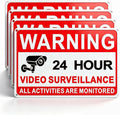 Red and white “WARNING” 24 hour video surveillance aluminum sign, 4-pack set